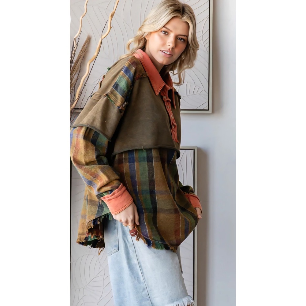 New OLI & HALI Lagenlook Oversized Plaid Button Pullover Women's Medium‎